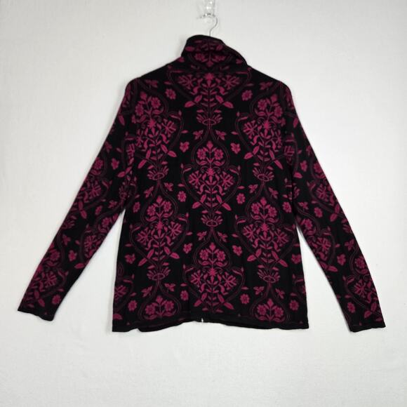Chico's Silk Blend Cardigan Jacket sz 2 - L Black Magenta Pink Zip Front Pockets - Picture 7 of 13